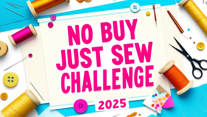 een blauwe achtergrond met naaifournituren zoals klosjes garen, spelden en een schaar en de woorden NO BUY JUST SEW CHALLENGE 2025