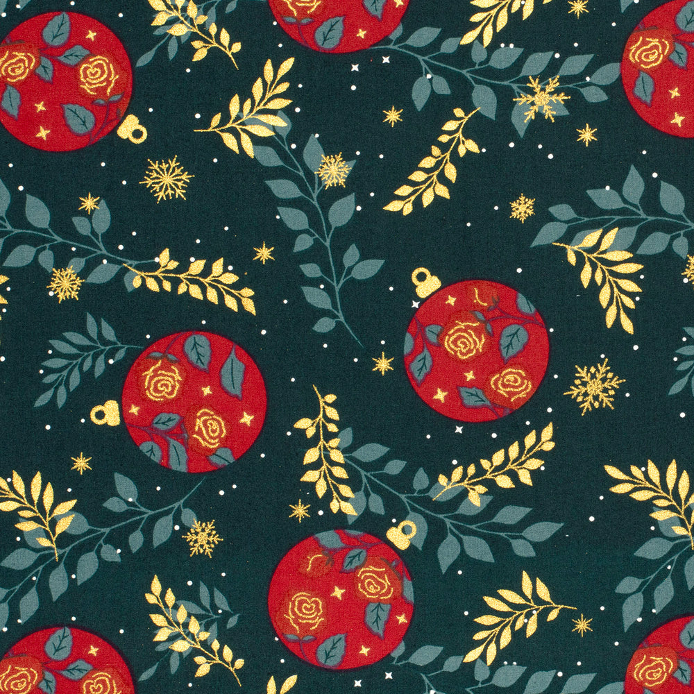 Kerststof met kerstballen en gouden folie, katoen