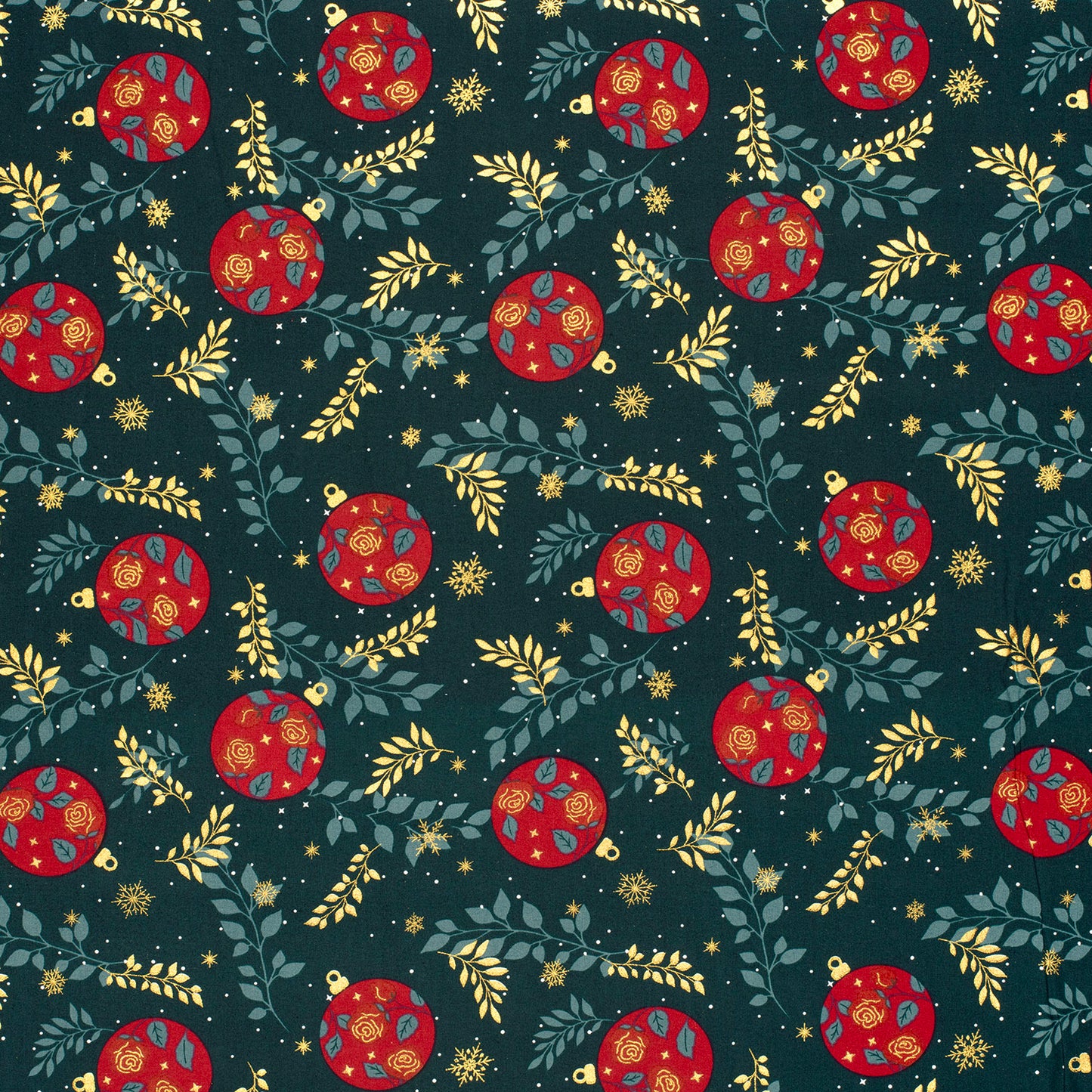 
                  
                    Kerststof met kerstballen en gouden folie, katoen
                  
                