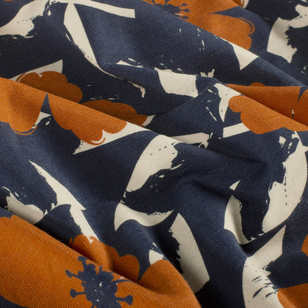 
                  
                    Rekbare donkerblauwe stof met bloemenprint, french terry
                  
                