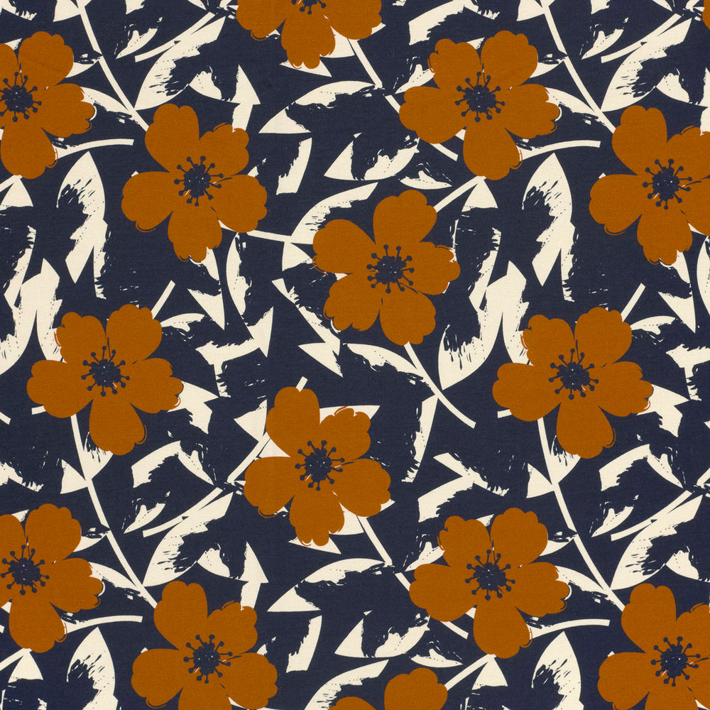 Rekbare donkerblauwe stof met bloemenprint, french terry