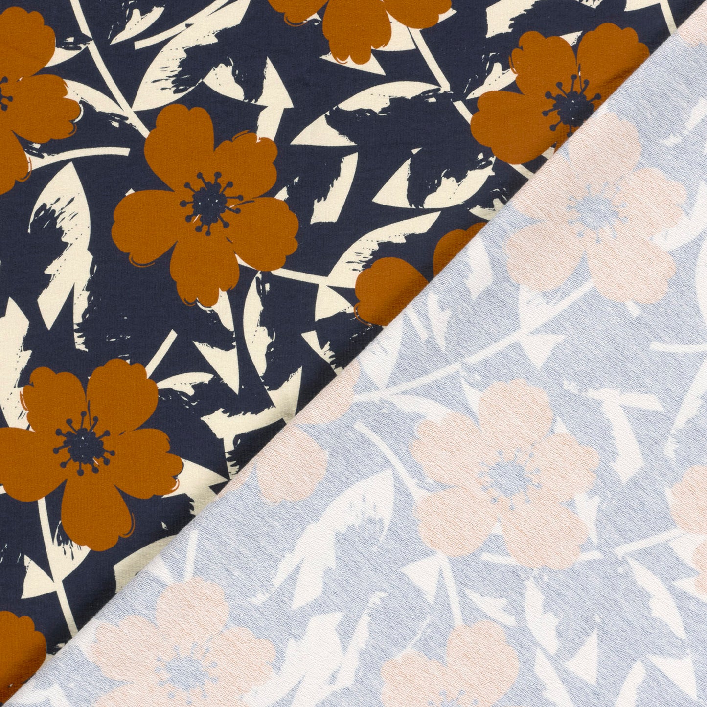 
                  
                    Rekbare donkerblauwe stof met bloemenprint, french terry
                  
                