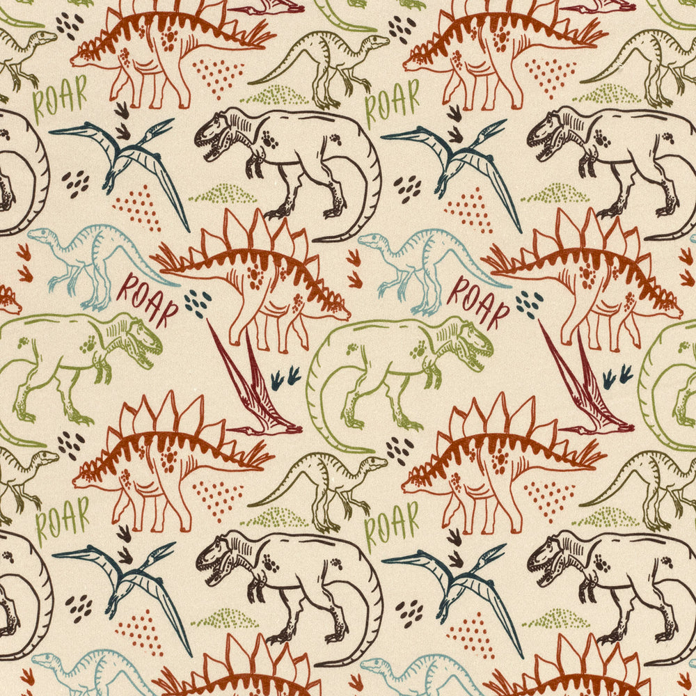 Vrolijke rekbare stof met dinoprint, sweatstof