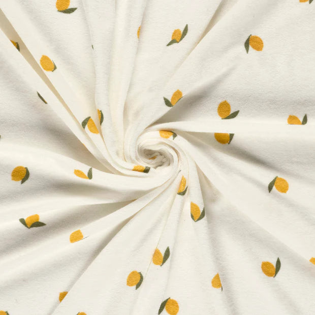 
                  
                    Stretch badstof, wit met print van citroentjes
                  
                